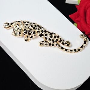 Large Gold Jaguar Rhinestone Brooch Black Spotted Panther Climbing Pin Mob Wife